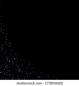 Elementos de brillo morado, confeti brillante con estrellas. Disperso, pequeño, brillante, ultra violeta, al azar pequeño estelar cayendo sobre fondo negro. Año Nuevo, antecedentes de Navidad. Ilustración vectorial.