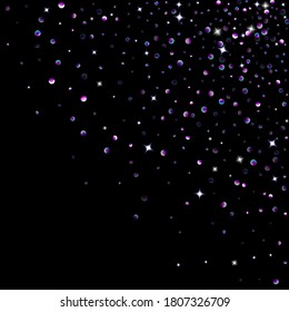 Elementos de brillo morado, confeti brillante con estrellas. Disperso, pequeño, brillante, ultra violeta, al azar pequeño estelar cayendo sobre fondo negro. Año Nuevo, antecedentes de Navidad. Ilustración vectorial.