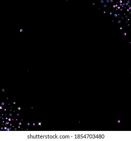 Purple glitter elements, stars shiny confetti. Scattered little, sparkling, flashing ultra violet, Random tiny stellar falling on black background. New Year, Christmas background. Vector illustration.