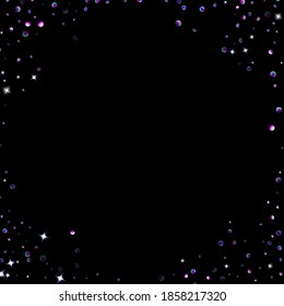 Purple glitter elements, stars shiny confetti. Scattered little, sparkling, flashing ultra violet, Random tiny stellar falling on black background. New Year, Christmas background. Vector illustration.