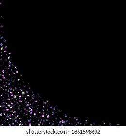 Elementos de brillo morado, confeti brillante con estrellas. Disperso, pequeño, brillante, ultra violeta, al azar pequeño estelar cayendo sobre fondo negro. Año Nuevo, antecedentes de Navidad. Ilustración vectorial.