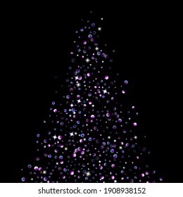 Elementos de brillo morado, confeti brillante con estrellas. Disperso, pequeño, brillante, ultra violeta, al azar pequeño estelar cayendo sobre fondo negro. Año Nuevo, antecedentes de Navidad. Ilustración vectorial.
