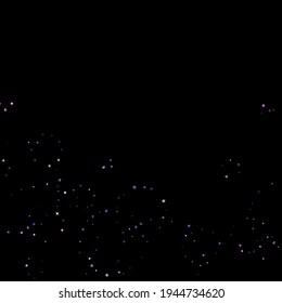 Purple glitter elements, stars shiny confetti. Scattered little, sparkling, flashing ultra violet, Random tiny stellar falling on black background. New Year, Christmas background. Vector illustration.