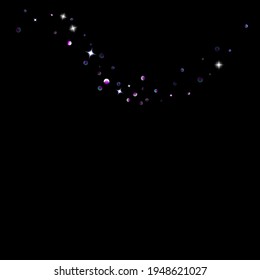 Purple glitter elements, stars shiny confetti. Scattered little, sparkling, flashing ultra violet, Random tiny stellar falling on black background. New Year, Christmas background. Vector illustration.