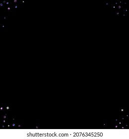 Purple glitter elements, stars shiny confetti. Scattered little, sparkling, flashing ultra violet, Random tiny stellar falling on black background. New Year, Christmas background. Vector illustration.