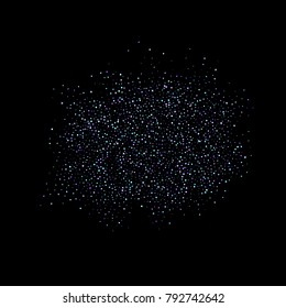 Purple glitter elements, stars shiny confetti. Scattered little, sparkling, flashing ultra violet, Random tiny stellar falling on black background. New Year, Christmas background. Vector illustration.