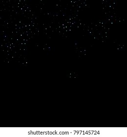 Purple glitter elements, stars shiny confetti. Scattered little, sparkling, flashing ultra violet, Random tiny stellar falling on black background. New Year, Christmas background. Vector illustration.