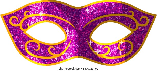 Purple glitter and gold Mardi Gras mask with decorative swirls and sparkles