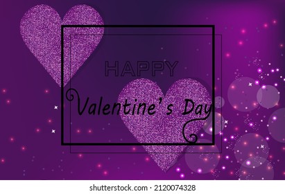 Purple glitter heart invitation vector realistic. Valentine card or birthday sparkling illustration