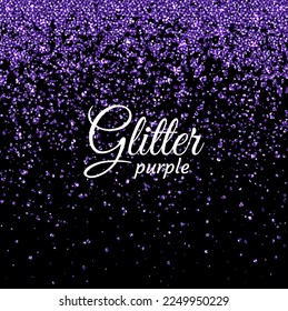 Purple glitter on a black background. Sparkling texture. Background for text. Diffused shine. Purple glitter spray. Template for holiday decoration.