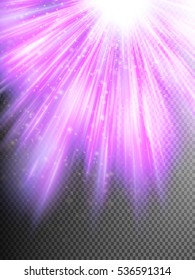 Purple glitter particles background effect. Sparkling texture. Star dust sparks in explosion, bokeh special light effect on transparent background. EPS 10 vector file included