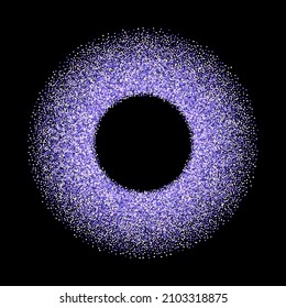 Purple glitter round frame. Violet glittering border with very peri color particles on dark background. Vector illustration design template.