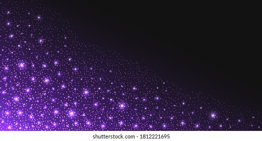 Purple glitter sparkles and glowing luminous stardust on dark background. Flying shiny Christmas sparks with shimmer light effect, luxury decorative backdrop. Vector illustration