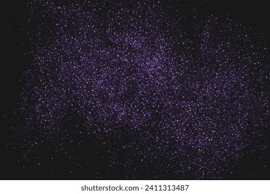 Purple glitter splash on black background. Magic light stardust pattern. Abstract starlight. Violet explosion of Confetti. Vector illustration.