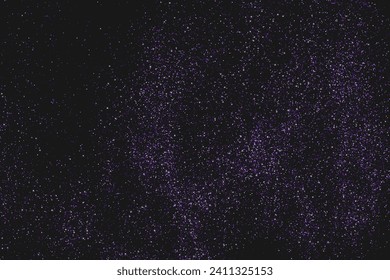 Purple glitter splash on black background. Magic light stardust pattern. Abstract starlight. Violet explosion of Confetti. Vector illustration.