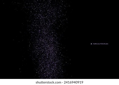 Purple glitter splash on black background. Magic light stardust pattern. Abstract starlight. Violet explosion of Confetti. Vector illustration, eps 10.
