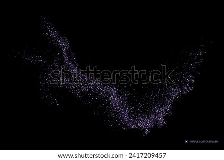 Purple glitter splash on black background. Magic light stardust pattern. Abstract starlight. Violet explosion of Confetti. Vector illustration, eps 10.
