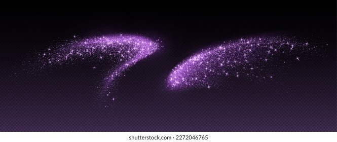 Purple glitter splash, shiny star dust explosion, shimmer spray effect, festive holiday particles isolated on a dark background. Vector illustration.