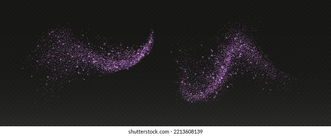 Purple glitter splashes, shiny star dust explosion, shimmer spray effect, festive holiday particles isolated on a dark background. Vector illustration. svg