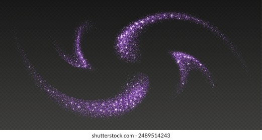 Purple glitter splashes, shiny star dust explosion, shimmer spray effect, festive holiday particles isolated on a dark background. Vector illustration.