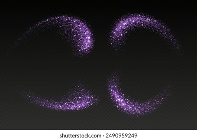 Purple glitter splashes, shiny star dust explosion, shimmer spray effect, festive holiday particles isolated on a dark background. Vector illustration.