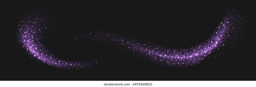 Purple glitter splashes, shiny star dust explosion, shimmer spray effect, festive holiday particles isolated on a dark background. Vector illustration.