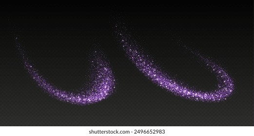 Purple glitter splashes, shiny star dust explosion, shimmer spray effect, festive holiday particles isolated on a dark background. Vector illustration. Christmas decoration.
