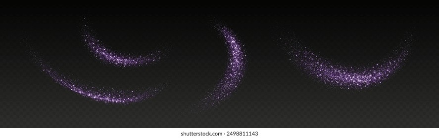 Purple glitter splashes, shiny star dust explosion, shimmer spray effect, festive holiday particles isolated on a dark background. Vector illustration.