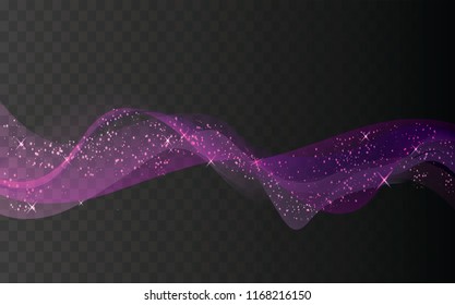 Purple Glitter Star Dust Trail Neon Line Swirl Sparkling Particles On Transparent Background. Transparent Magic Sparkle Wave Effect.. Vector Illustration For Shining Greeting Backgroung.