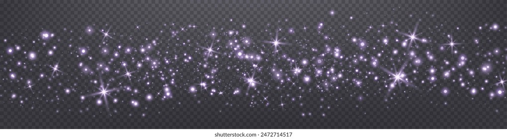 Puntos, partículas, estrellas, destellos mágicos... Efecto de luz de destello brillante. Puntos luminosos violetas. Partículas de Vector sobre fondo transparente. 