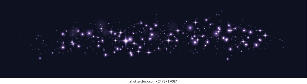 Puntos, partículas, estrellas, destellos mágicos... Efecto de luz de destello brillante. Puntos luminosos violetas. Partículas de Vector sobre fondo negro. 