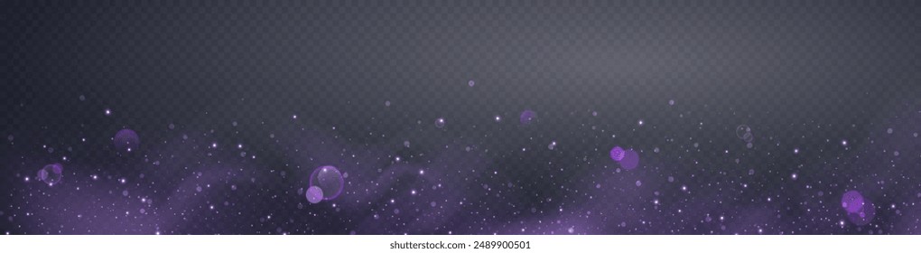 Purple glittering dots, particles, stars magic sparks. Glow flare light effect. Violet luminous points. Vector particles on transparent background. 