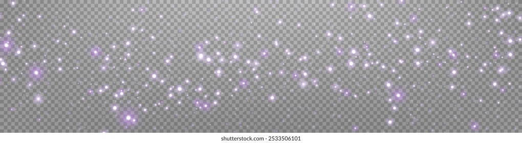 Purple glittering dots, particles, stars magic sparks. Glow flare light effect. Violet luminous points. Vector particles on transparent background. 