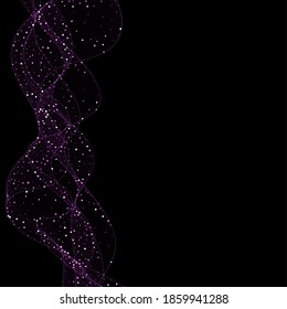  purple, glittering magic vector waves with gold particles isolated on transparent background. Sparkling light trails. Futuristic Flash. Glowing shiny spiral lines effect.