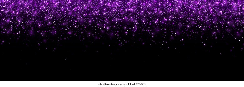 Purple glittering particles on black background, wide banner. Vector