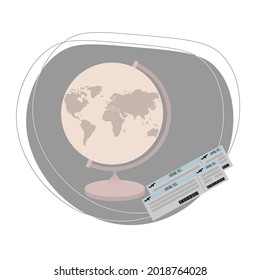 The purple globe with dark purple background and lines and tickets for a flight