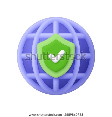 Purple globe with green shield with checkmark. Secure internet connection, global network, online security, privacy protection, cybersecurity, web safety concept. 3d vector. Cartoon minimal style.