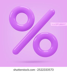 Purple glossy icon, 3d render percent sign. Realistic design element. Vector illustration on purple, for postcard, icons, poster, banner, web, design, arts. Black Friday Sale