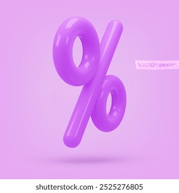 Icono brillante púrpura, signo de porcentaje de renderizado 3D. Elemento de diseño realista. Ilustración vectorial en púrpura, para postal, iconos, póster, Anuncio, Web, diseño, artes. Venta del Black Friday
