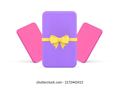 Purple glossy rectangle gift card with yellow bow ribbon realistic 3d icon vector illustration. Sale discount loyalty or shopping coupon card.