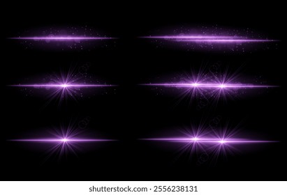 Purple glow effects set. Radiant light streaks, sparkling particles, bright starbursts, warm illumination, abstract lighting design, decorative energy beams, vibrant modern visuals