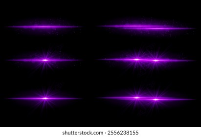 Purple glow effects set. Radiant light streaks, sparkling particles, bright starbursts, warm illumination, abstract lighting design, decorative energy beams, vibrant modern visuals