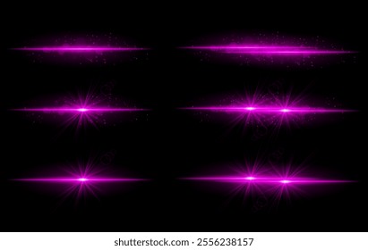 Purple glow effects set. Radiant light streaks, sparkling particles, bright starbursts, warm illumination, abstract lighting design, decorative energy beams, vibrant modern visuals