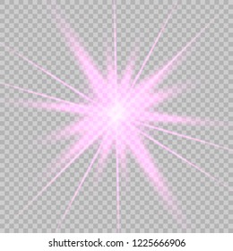 Purple glow light effect isolated on transparent background. Sun flash with rays and spotlight. Vector illustration.