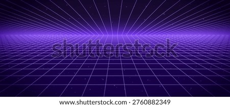 Purple glow neon wireframe background. Dark shining checkered grid floor plane in perspective. Bright retro futuristic horizon wallpaper. Arcade game sci fi matrix landscape surface. Vector backdrop