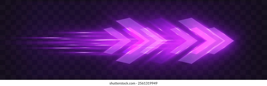 Purple glowing arrows with motion blur effect on transparent background, futuristic design, concept of speed and technology, suitable for digital and sci-fi themes.