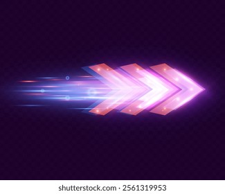 Purple glowing arrows with motion blur effect on transparent background, futuristic design, concept of speed and technology, suitable for digital and sci-fi themes.