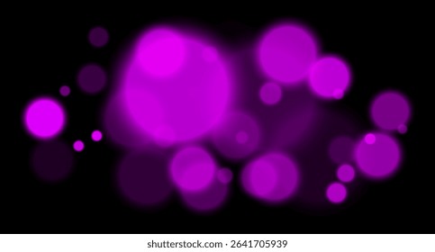 Purple glowing bokeh with layered circle particles and blur effect on black backdrop. Creates a dramatic, energetic visual for digital compositions.