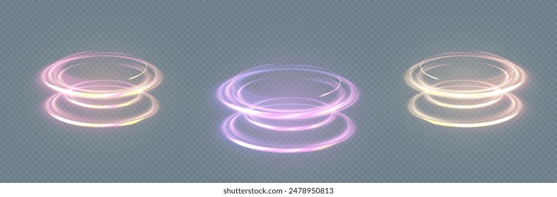 Purple glowing circle Twirl. Glowing action special effect. Glowing special effect for game design. Futuristic neon pedestal, podium, platform. Vector PNG. For web design