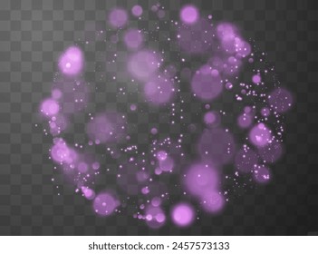 Purple glowing dust light on transparent dark background. Bright light effect with particles and glitters, blur flares. Illuminated shimmer and sparkle magic overlay texture rounded design